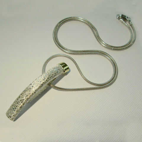 Textured Satin Collection Large Elliptical Silver & Gold Pendant and Silver Snake Chain